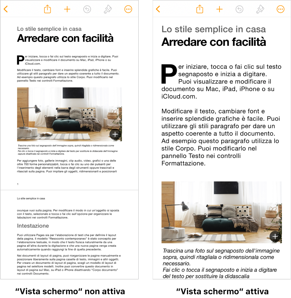 Due viste dello stesso documento di Pages, una con “Vista schermo” attiva e una con “Vista schermo” disattivata.