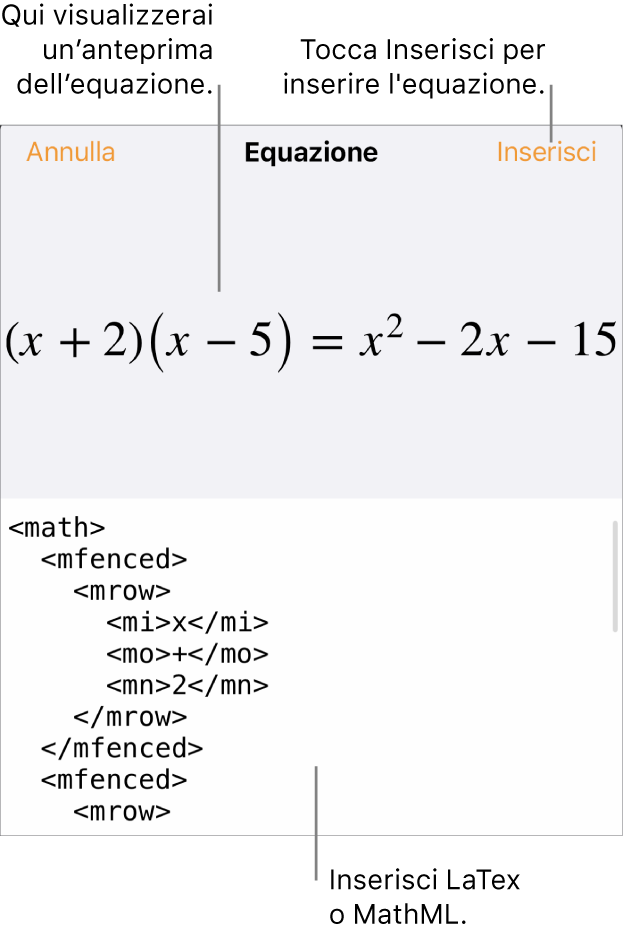 La finestra di dialogo Equazione che mostra l’equazione scritta tramite comandi MathML e un’anteprima della formula di cui sopra.