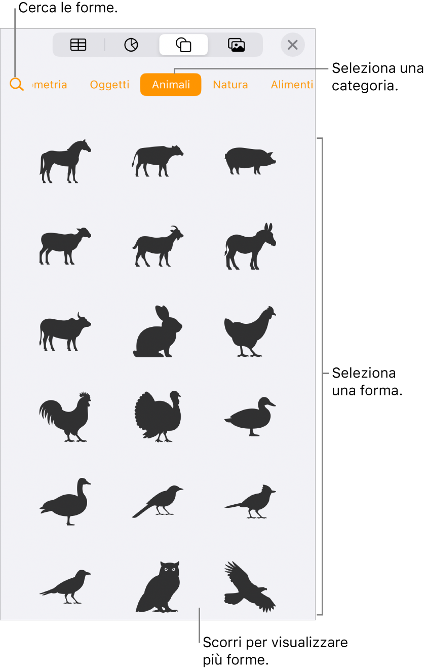 La libreria forme, con le categorie nella parte superiore e le forme visualizzate sotto. Puoi usare il pulsante di ricerca nella parte superiore per trovare forme e scorrere per visualizzarne di più.