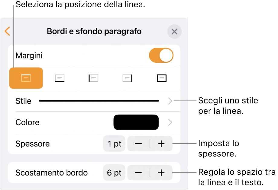 Controlli per modificare lo stile, lo spessore, la posizione e il colore della linea.