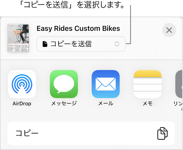 「共有」メニュー。上部で「コピーを送信」が選択されています。