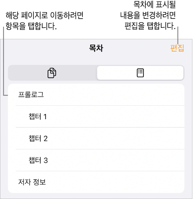 목록에 머리말이 있는 목차 보기. 편집 버튼은 오른쪽 상단 모서리에 있고 하단에는 페이지 썸네일 및 목차 버튼이 있습니다.