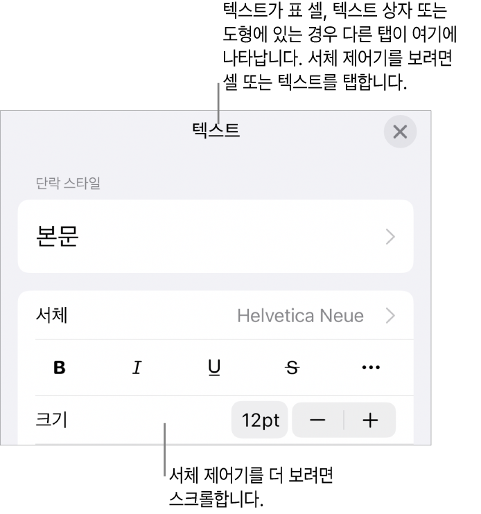포맷 메뉴에 있는 단락, 문자 스타일, 서체, 크기 및 색상을 설정할 수 있는 텍스트 제어기.