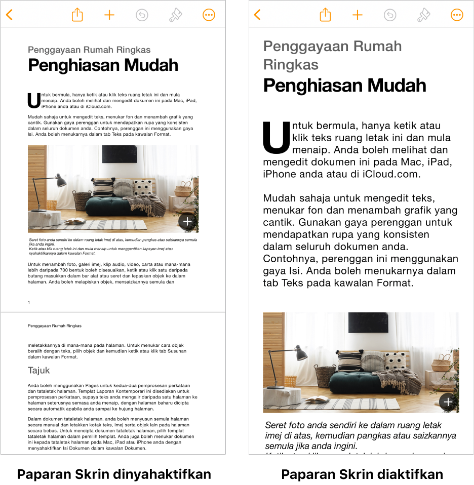 Dua paparan dokumen Pages yang sama, satu dengan Paparan Skrin diaktifkan dan satu dengan Paparan Skrin dinyahaktifkan.