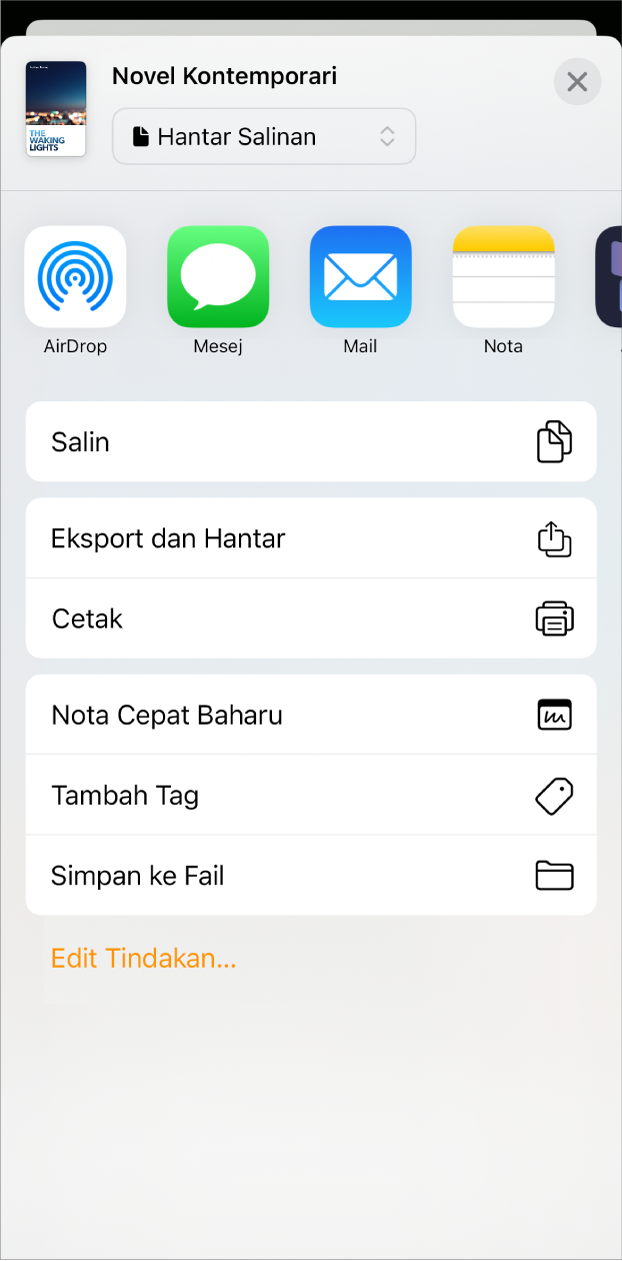 Menu Kongsi kelihatan, dengan pilihan hantar di bahagian atas dan pilihan Salin, Eksport dan Hantar, Cetak, Nota Pantas Baharu, Tambah Tag serta Simpan ke Fail di bawah.