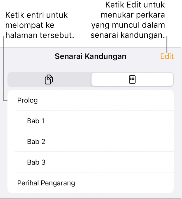 Paparan senarai kandungan dengan pengepala dalam senarai. Butang Edit berada di penjuru kanan atas dan di bahagian bawah adalah butang Imej Kecil Halaman dan Senarai Kandungan.