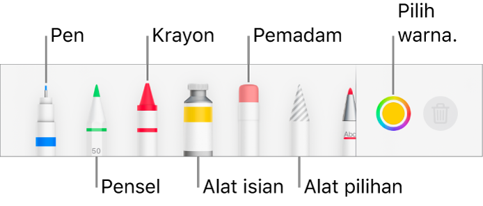 Bar alat melukis dalam Pages pada iPhone dengan pen, pensel, krayon, alat isian, pemadam, alat pilihan dan perigi warna menunjukkan warna semasa.