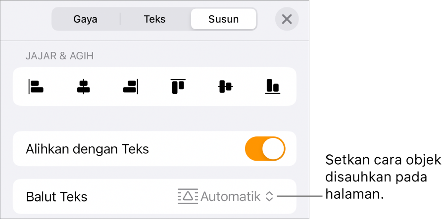 Kawalan Susun dengan Alihkan dengan Teks dan Balut Teks.