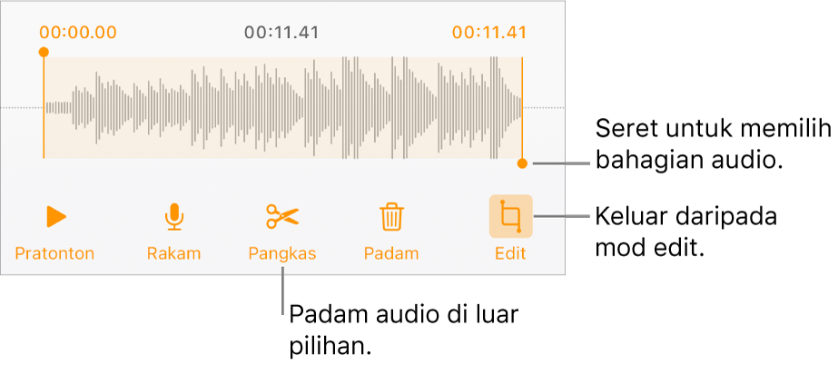 Kawalan untuk mengedit audio yang dirakam. Pemegang menunjukkan bahagian rakaman yang dipilih dan butang Pratonton, Rakam, Pangkas, Padam dan Mod Edit adalah di bawah.