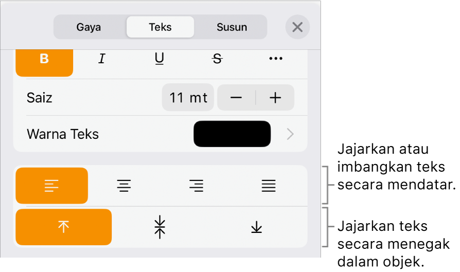 Bahagian Tataletak dengan petak bual ke butang penjajaran dan jarak teks.