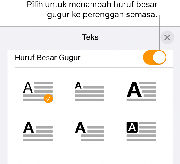 Kawalan Huruf Besar Gugur berada dalam menu Teks.