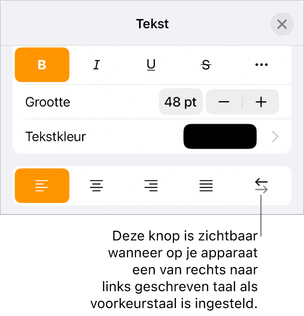 Tekstregelaars in het opmaakmenu met uitleg bij de knop voor rechts naar links.