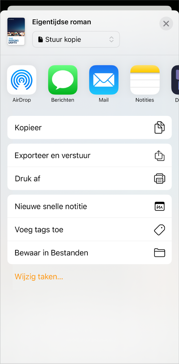 Het Deel-menu met verzendopties bovenaan en daaronder de opties 'Kopieer', 'Exporteer en verstuur', 'Druk af', 'Nieuwe snelle notitie', 'Voeg tags toe' en 'Bewaar in Bestanden'.