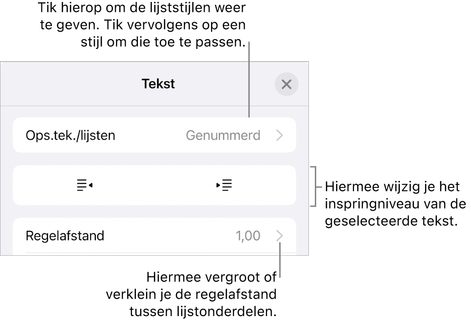 Het gedeelte 'Ops.tek./lijsten' van de opmaakregelaars met uitleg bij 'Ops.tek./lijsten', de inspringknoppen en de regelaars voor de regelafstand.