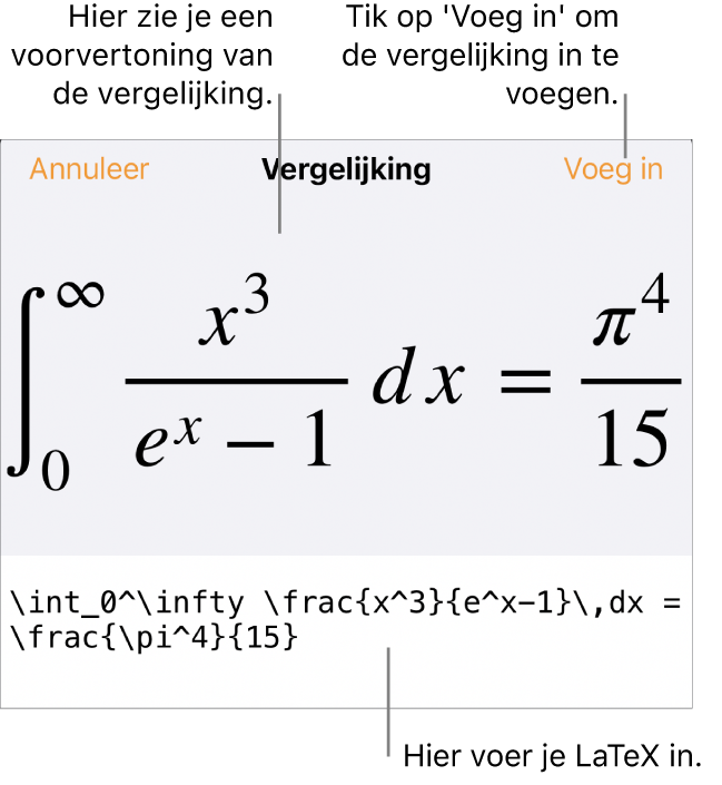 Het venster 'Vergelijking' met daarin een vergelijking die geschreven is met LaTeX-commando's en erboven een voorvertoning van de formule.