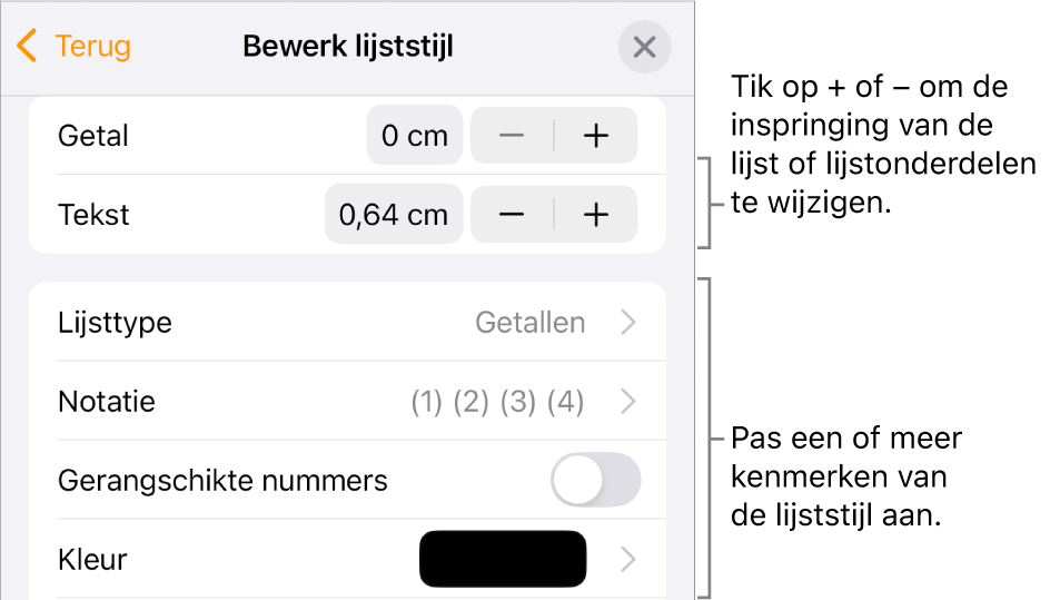 Het menu 'Bewerk lijststijl' met regelaars voor de ruimte van de inspringing, het lijsttype en de notatie, gerangschikte nummers en de regelafstand.