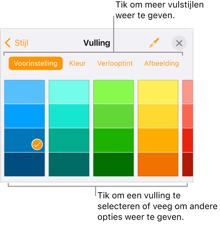 Vulopties in het tabblad 'Stijl' van de opmaakknop.