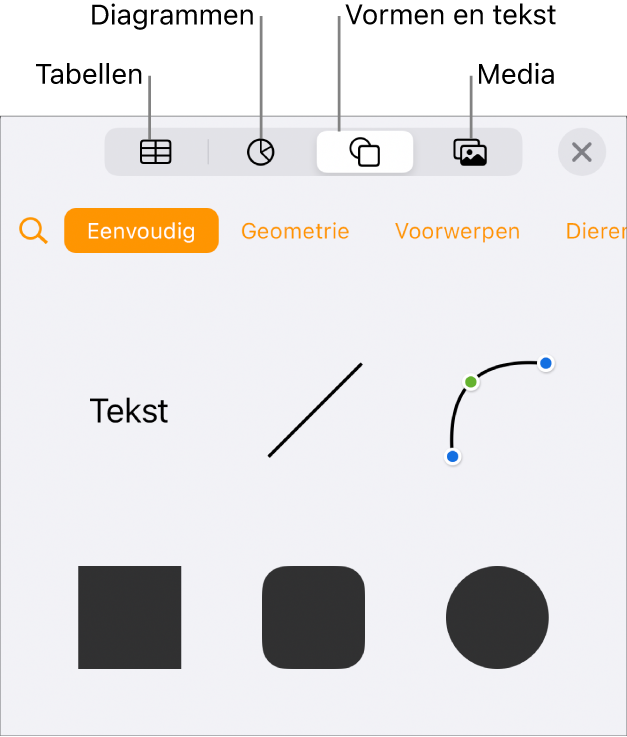 De invoegregelaars met bovenin knoppen voor het toevoegen van tabellen, diagrammen, tekst, vormen en media.