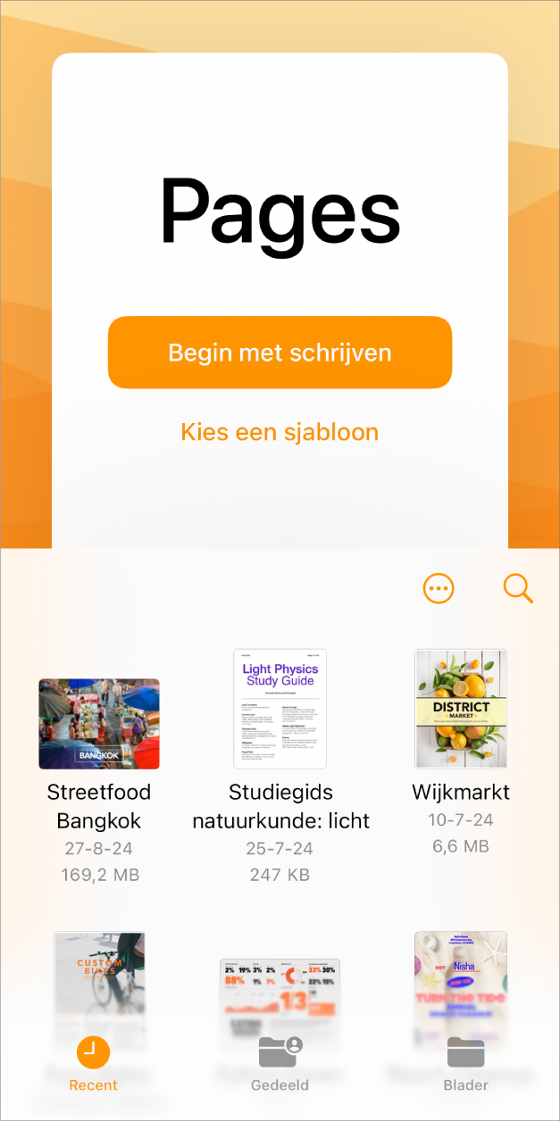 De documentweergave in Pages met boven in het scherm knoppen om te beginnen met schrijven of een sjabloon te kiezen, en onderaan regelaars voor het openen van bewaarde documenten.