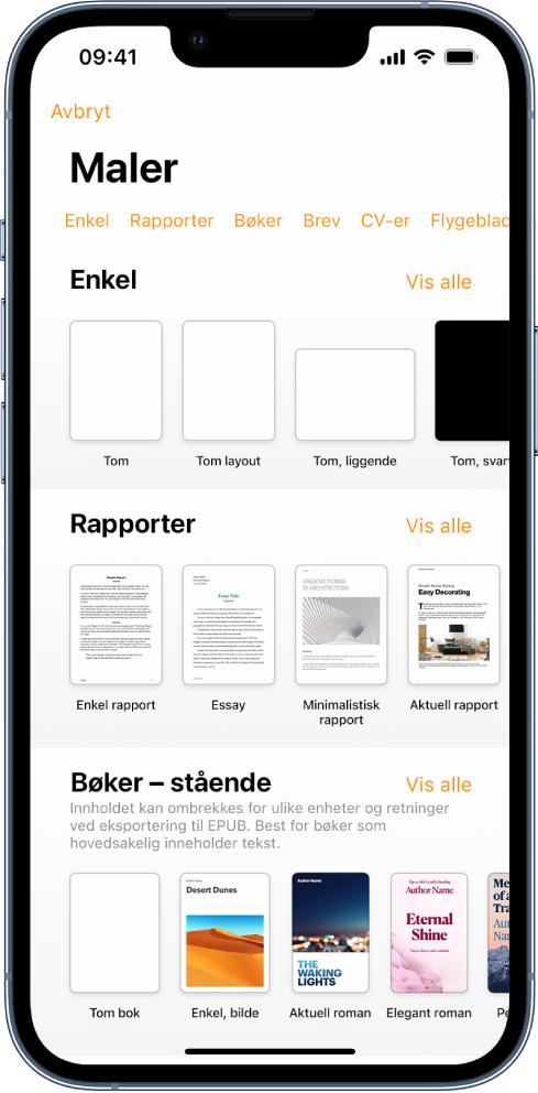 Malvelgeren med en rad med kategorier langs toppen som du kan trykke på for å filtrere alternativene. Nedenfor vises miniatyrbilder av forhåndsdesignede maler arrangert i rader etter kategori, med Ny øverst, etterfulgt av Sist brukte og Enkle. En Vis alle-knapp vises over og til høyre for hver kategorirad.