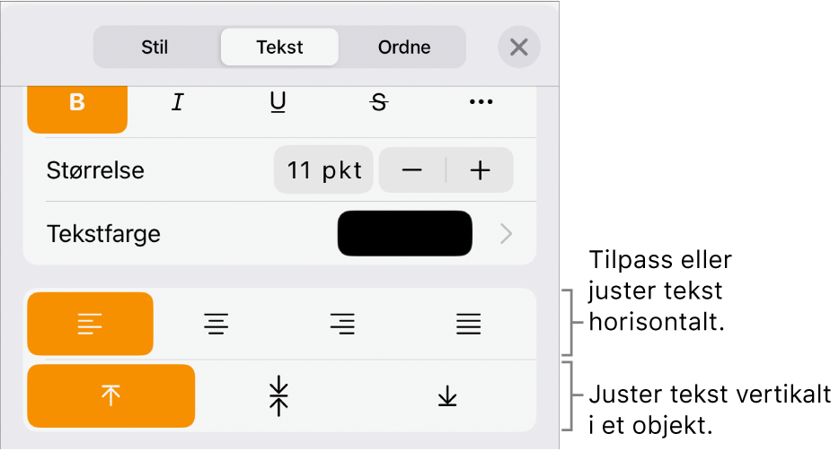 Layout-panelet, med bildeforklaringer for tekstjusterings- og avstandsknappene.