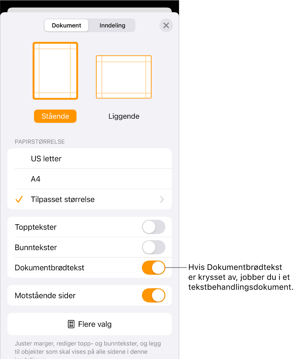 Et tekstbehandlingsdokument der Dokumentoppsett er åpent og Dokumentbrødtekst-avkrysningsruten er markert.