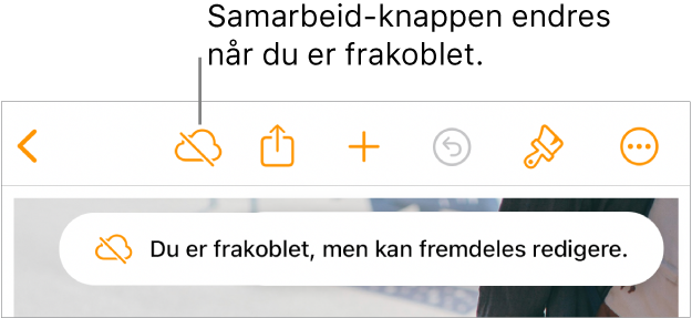 Knappene øverst på skjermen, med Samarbeid-knappen endret til en sky med en diagonal linje gjennom. I et varsel på skjermen står det: «Du er frakoblet, men kan fremdeles redigere.»