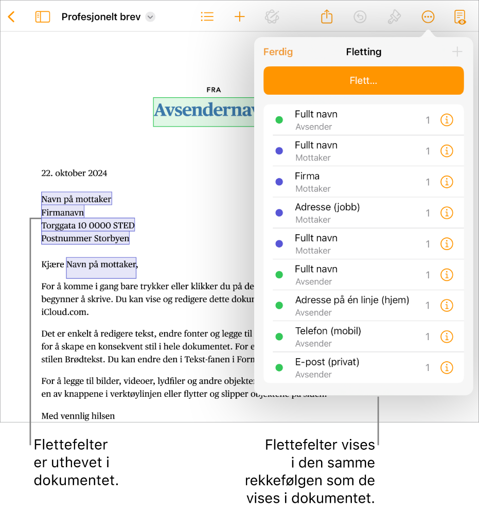 Pages-dokument med flettefelt for mottaker og avsender og en forekomstliste for flettefelt synlig i Dokument-sidepanelet.