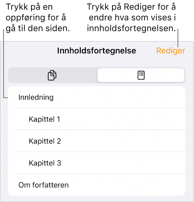 Innholdsfortegnelsesvisningen, med overskrifter i en liste. En Rediger-knapp er øverst til høyre, og nederst er Sideminiatyr- og Innholdsfortegnelse-knappene.