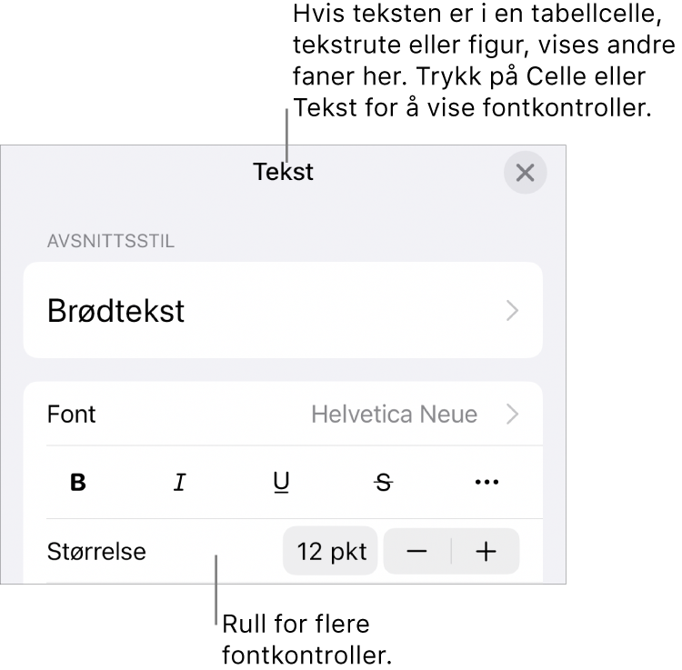 Tekstkontroller i Format-menyen for å angi avsnitts- og tegnstiler, font, størrelse og farge.