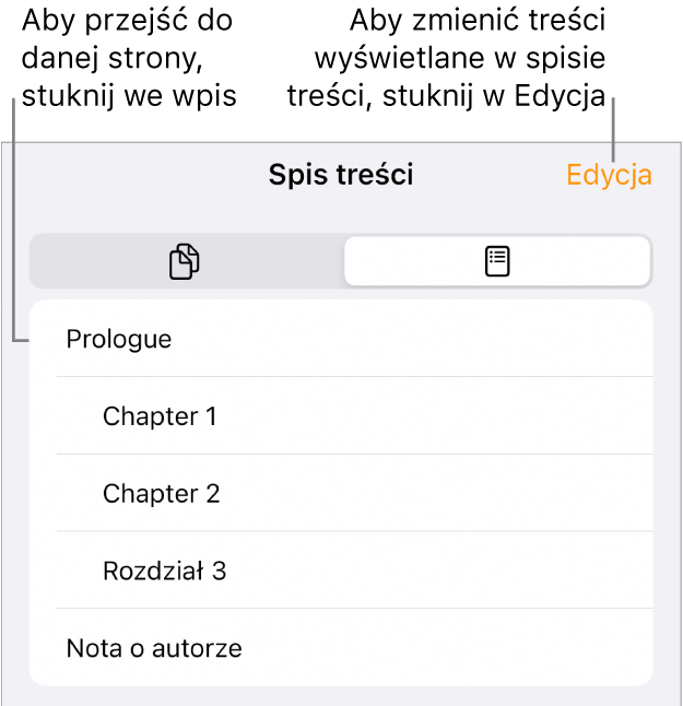 Widok spisu treści zawierający listę nagłówków. W prawym górnym rogu widoczny jest przycisk Edycja. Na dole znajdują się przyciski Miniaturki stron oraz Spis treści.