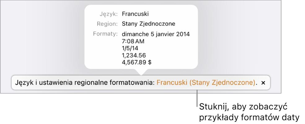 Powiadomienie o różnicy ustawień dotyczących języka i regionu, pokazujące przykłady formatowania używanego w wybranym języku i regionie.