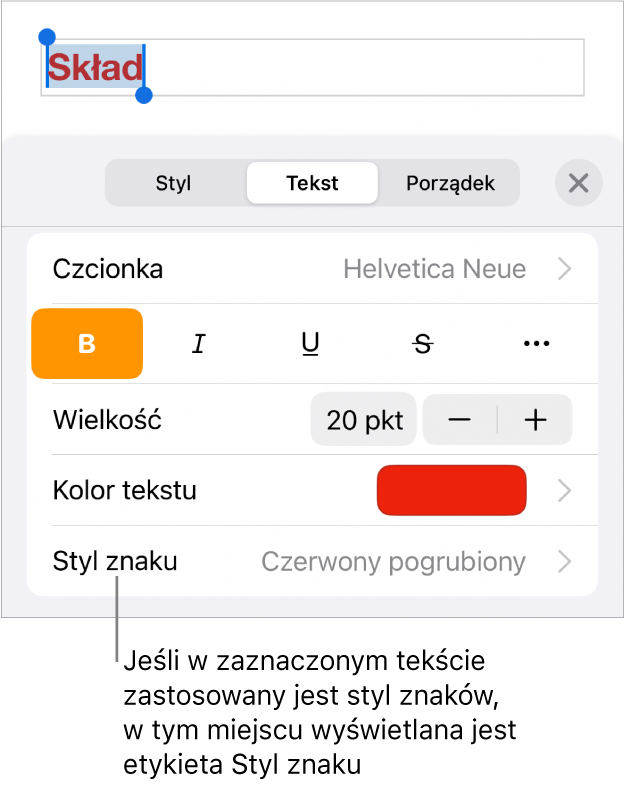 Narzędzia formatowania tekstu oraz menu stylów znaków widoczne poniżej narzędzi koloru. Styl znaków Brak wyświetlany jest z gwiazdką.