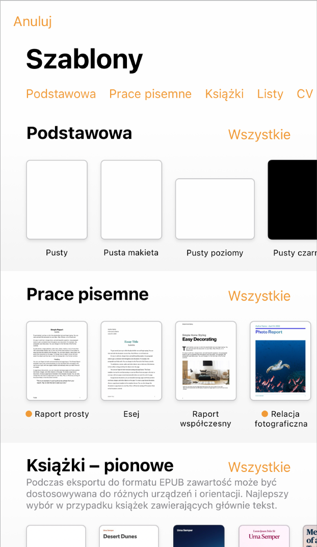 Paleta szablonów z widocznym na górze wierszem kategorii, w które możesz stuknąć, aby filtrować dostępne szablony. Poniżej widoczne są miniaturki gotowych szablonów uporządkowane wierszami według kategorii, zaczynając od widocznej na górze kategorii Nowe, po której następuje kategoria Ostatnie oraz kategoria Podstawowe. Po prawej stronie nad każdym wierszem kategorii widoczny jest przycisk Zobacz wszystkie.