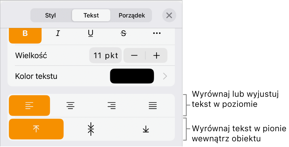 Panel Makieta z opisami wskazującymi przyciski wyrównania i odstępów tekstu.