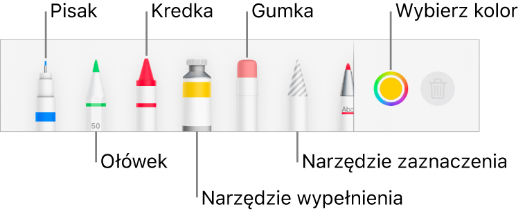 Pasek narzędzi rysowania w Pages na iPhonie: pisak, ołówek, kredka, wypełnianie, gumka i zaznaczanie. Oprócz nich widoczna jest także paleta kolorów, zawierająca bieżący kolor.