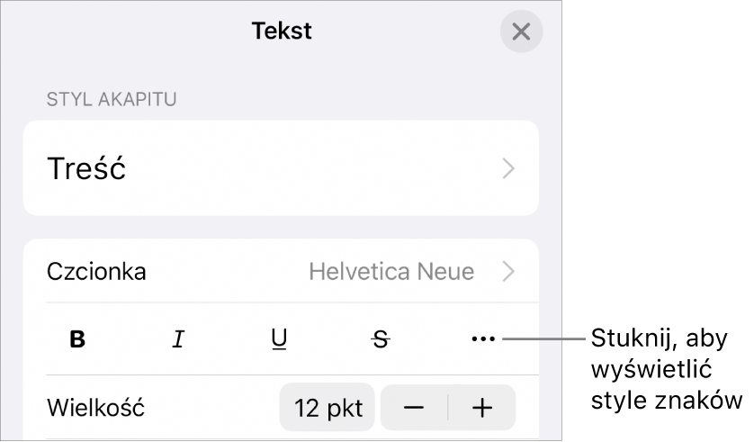 Narzędzia formatowania z widocznymi przyciskami Pogrubienie, Kursywa, Podkreślenie, Przekreślenie oraz Więcej opcji tekstu.