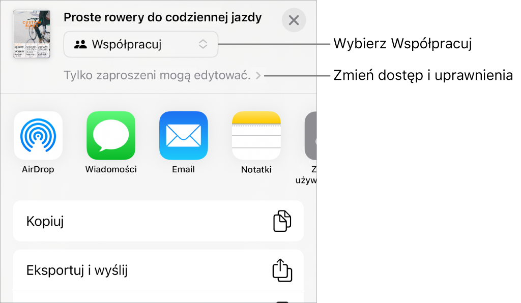 Menu udostępniania z opcją Współpracuj wybraną u góry oraz ustawieniami dostępu i uprawnień poniżej.