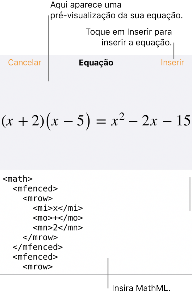 O diálogo de Equação, mostrando uma equação escrita com comandos MathML e uma pré-visualização da fórmula acima.