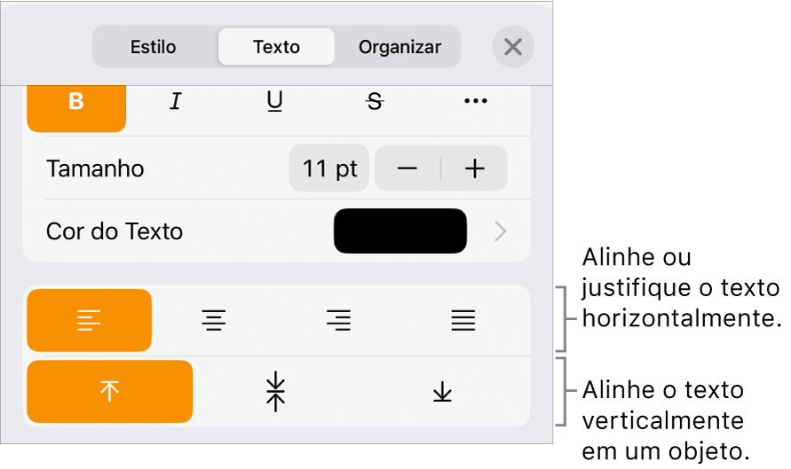 Painel Layout, com chamadas para os botões de alinhamento e espacejamento de texto.