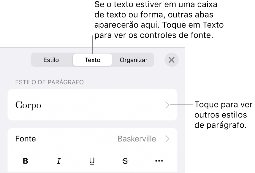 O menu Formatar, mostrando controles de texto para definir estilo, fonte, tamanho e cor de caractere e parágrafo.