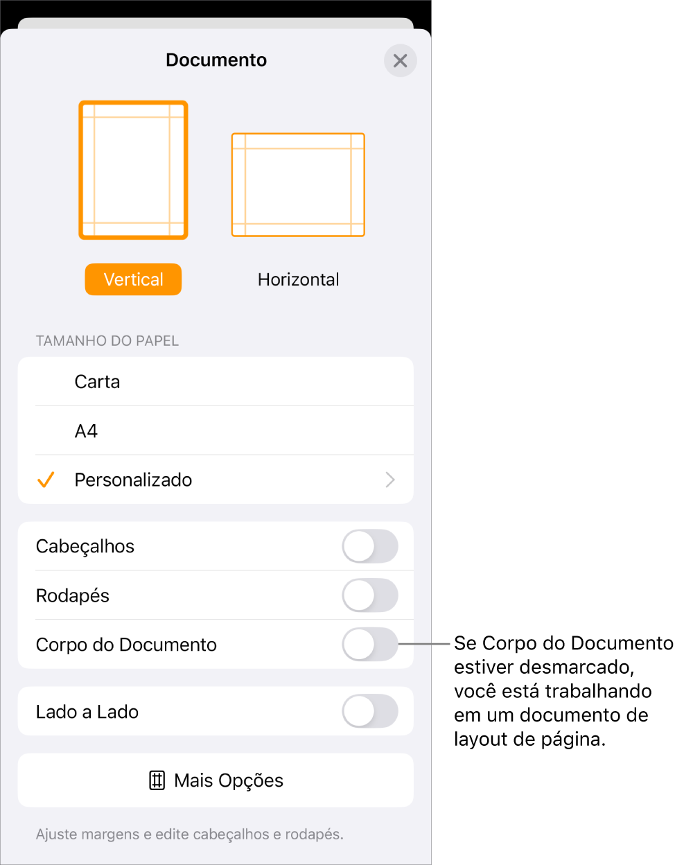 Configuração do Documento aberta com a opção Corpo do Documento desmarcada em um documento de layout de página.