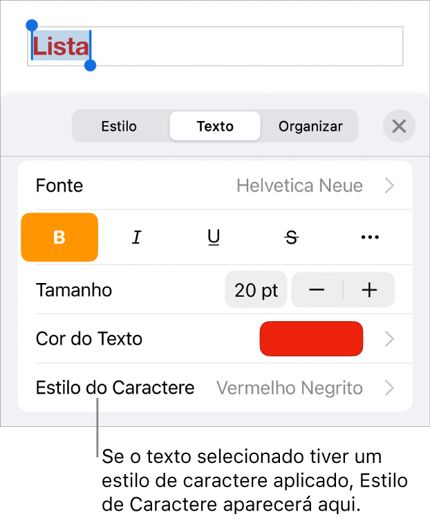 Os controles de formatação de texto com “Estilo de Caractere” abaixo dos controles de cor. O estilo de caractere Nenhum aparece com um asterisco.