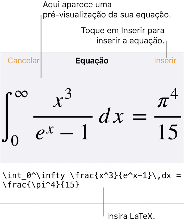 O diálogo de Equação, mostrando uma equação escrita com comandos LaTex e uma pré-visualização da fórmula acima.