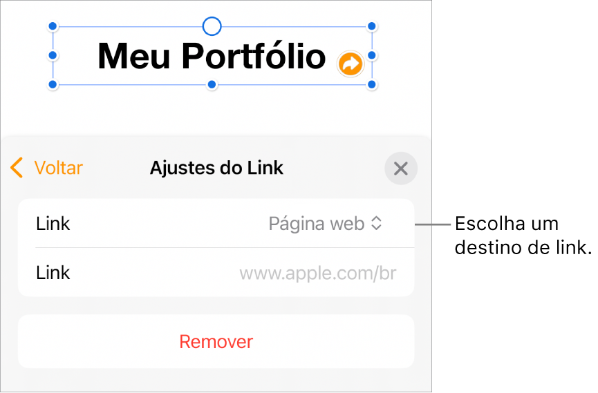 Controles de “Ajustes do Link” com Página Web selecionado e o botão Remover na parte inferior.