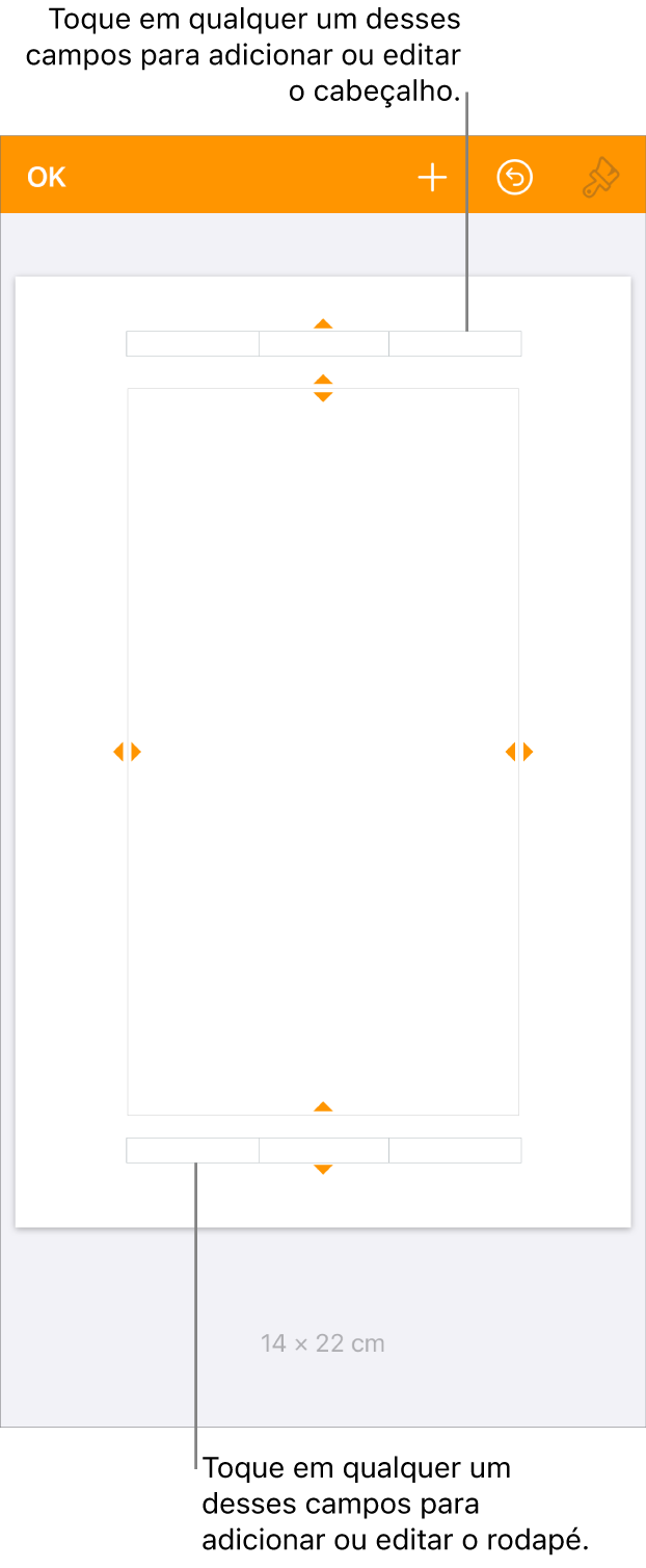 Visualização Mais Opções, com três campos na parte superior do documento para o cabeçalho e três campos na parte inferior para o rodapé.