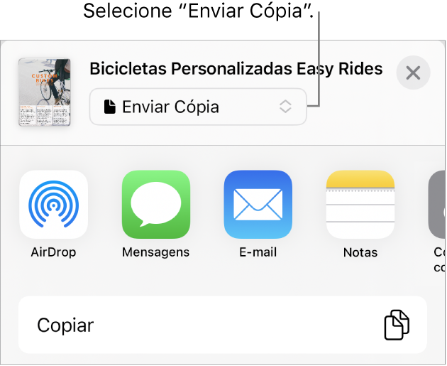 Menu Compartilhar com “Enviar Cópia” selecionado na parte superior.