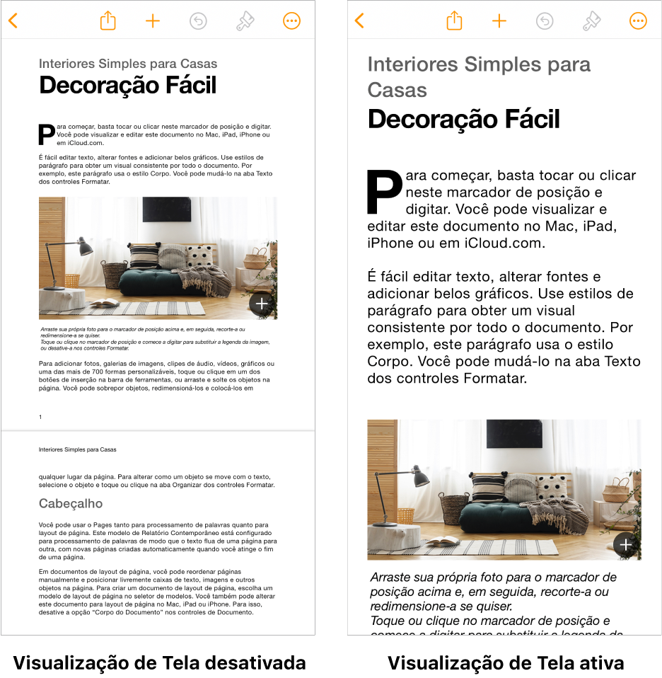 Duas visualizações do mesmo documento do Pages, uma com a Visualização de Tela ativada e outra com a Visualização de Tela desativada.