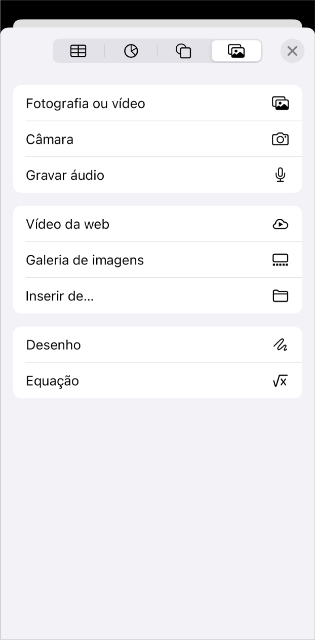 É apresentado o menu “Adicionar conteúdo multimédia”.