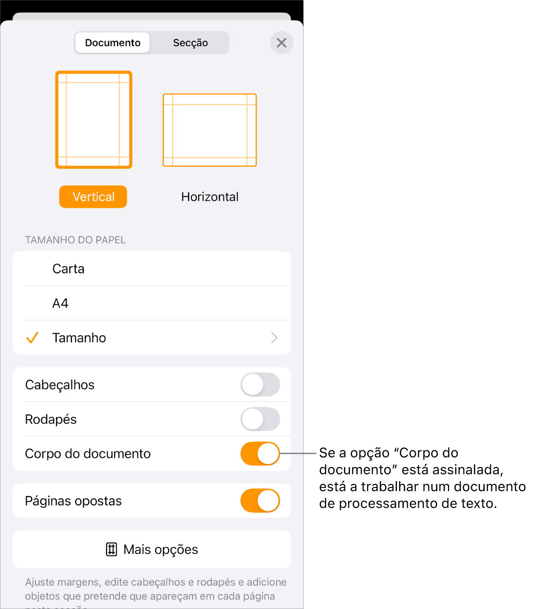 A opção “Configurar documento” aberta com a opção “Corpo do documento” assinalada num documento de processamento de texto.